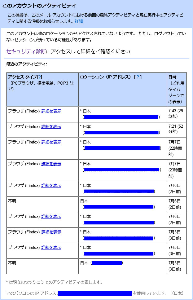 Gmailアクセス履歴詳細